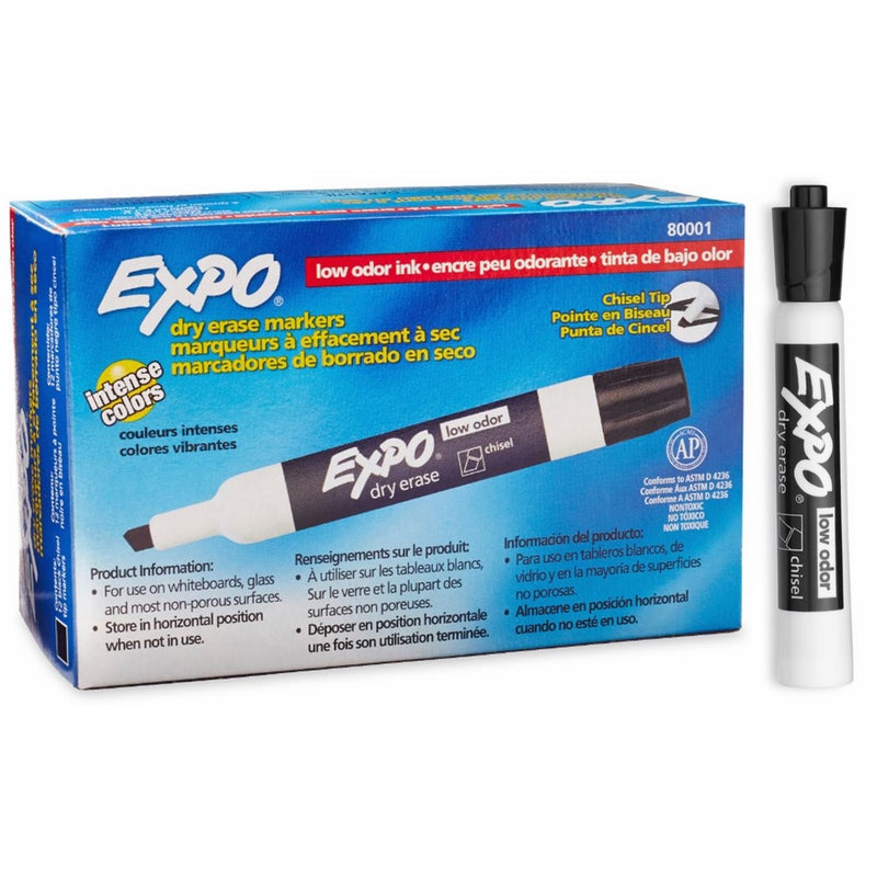 Expo 80001 Low Odor Chisel Point Dry Erase Markers, Low Odor Alcohol-Based Ink, Designed for Whiteboards, Glass and Most Non-Porous Surfaces, Black, 12 Units per Box, Pack of 1 Box