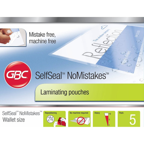 Swingline GBC SelfSeal NoMistakes Repositionable Self Adhesive Laminating Pouches, Wallet Size, 8 Mil, 5 Pack (3747222)