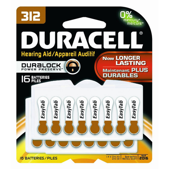 Duracell DA312B16ZM09 Easy Tab Hearing Aid Zinc Air Battery, 312 Size, 1.4V, 175 mAh Capacity (Pack of 16)