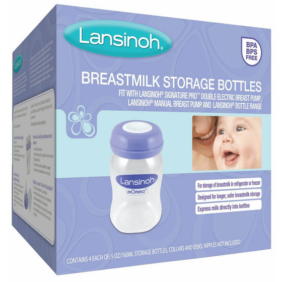 Lansinoh Breastmilk Storage Bottles, 4 Count (5 Ounce each), Dishwasher Safe, Compatible with any Lansinoh Pump and NaturalWave Nipple, BPA and BPS Free