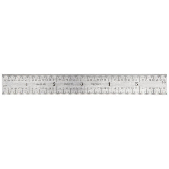 Starrett 604R-6 Spring Tempered Steel Rule With Inch Graduations, 4R Graduation, 6" Length, 3/4" Width, 3/64" Thickness