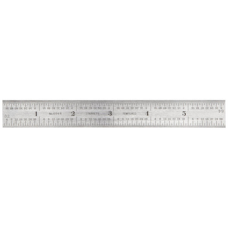Starrett 604R-6 Spring Tempered Steel Rule With Inch Graduations, 4R Graduation, 6" Length, 3/4" Width, 3/64" Thickness
