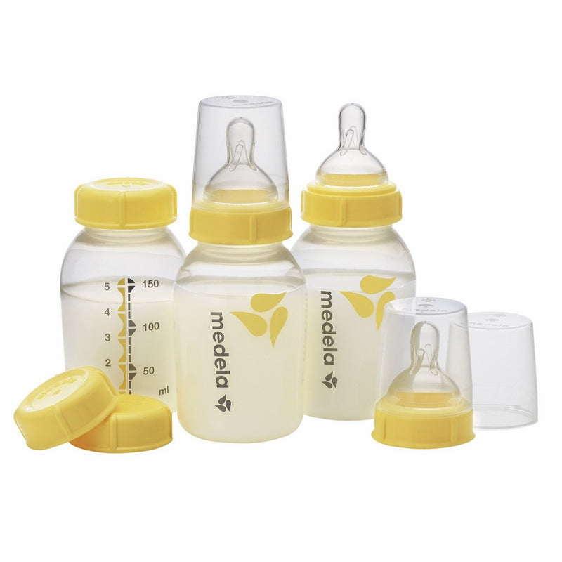 Medela Breast Milk Bottle Set, 5 Ounce, 3 Pack with Nipples, Lids, Wide Base Collars and Travel Caps, Made without BPA