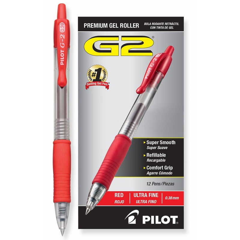 Pilot G2 Retractable Premium Gel Ink Roller Ball Pens Ultra Fine (.38) Dozen Box Red ; Retractable, Refillable & Premium Comfort Grip; Smooth Lines to the End of Page, America's #1 Selling Pen Brand