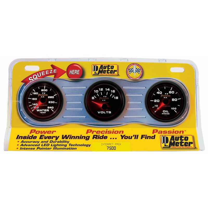 Auto Meter 7500 Phantom II 2-1/16" Oil/Water/Voltmeter Mechanical Three-Gauge Interact Pack
