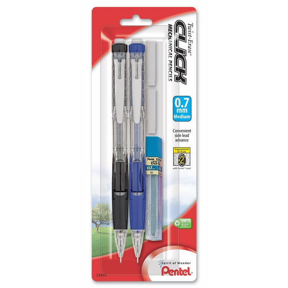 Pentel Twist Erase CLICK  Automatic Pencil with 2 Eraser Refills and Lead, 0.7mm, Assorted Barrels, Color May Vary, 2 Pack (PD277TLEBP2)