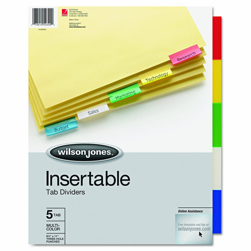 Wilson Jones 54309 Single-Sided Reinforced Insertable Index, Multicolor 5-Tab, Letter, Buff