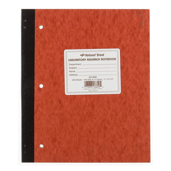 NATIONAL Laboratory Notebook, 4 X 4 Quad, Brown, Cover, 11 x 9.25, 100 Sets (43649)