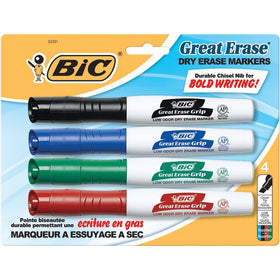 BIC Great Erase Grip Chisel Dry Erase Marker, Chisel Tip, Assorted, 4-Count (GDEMP41-Ast)
