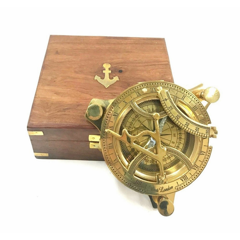 INDIA OVERSEAS TRADING CORP 4.5" Sundial Compass With Teak Wood Box Inlaid With Solid Brass