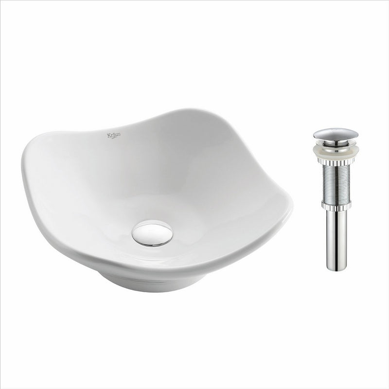 Kraus KCV-135-CH White Tulip Ceramic Bathroom Sink with Pop Up Drain Chrome