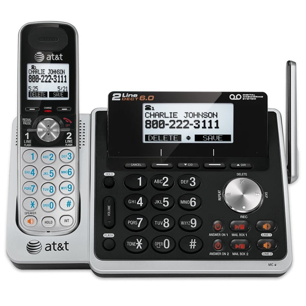 AT&T TL88102 DECT 6.0 2-Line Expandable Cordless Phone with Answering System and Dual Caller ID/Call Waiting, 1 Handset, Silver/Black