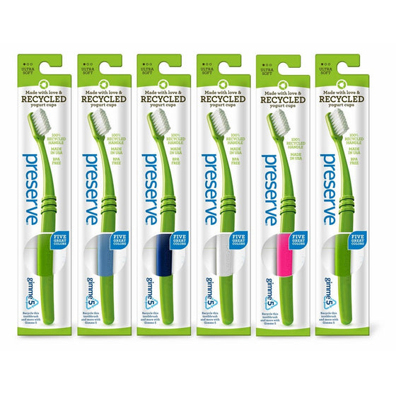 Preserve Toothbrushes in Lightweight Pouch, Ultra Soft Bristles, 6-Count, (Colors and Packaging may Vary)