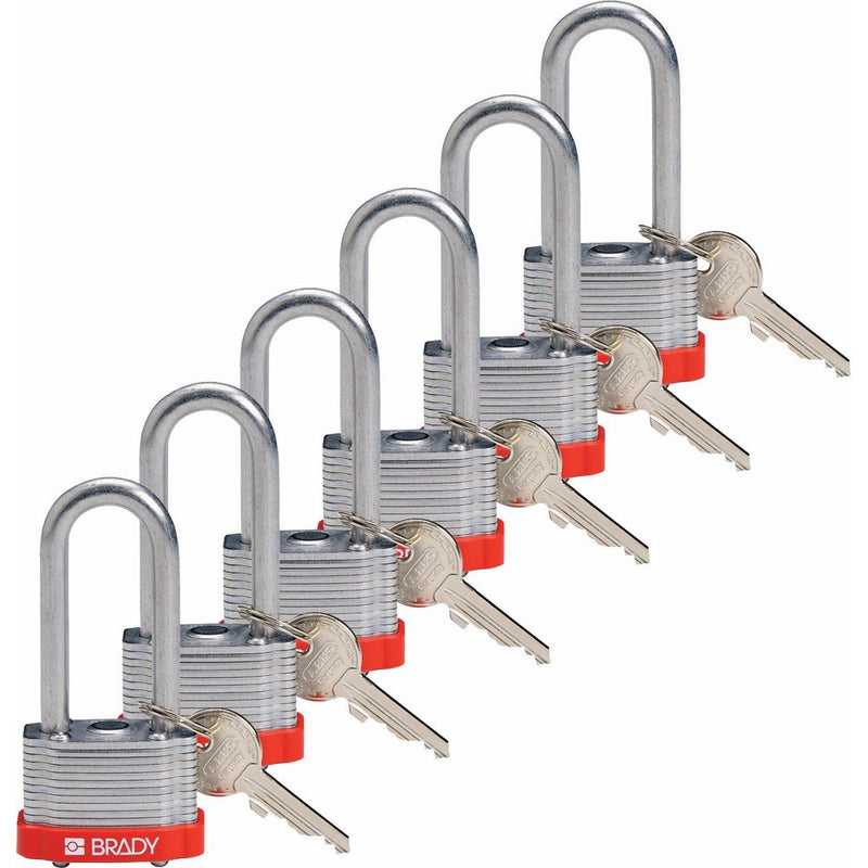 Brady 118978 Red, Key Retaining Steel PadLock - 2" Shackle - Keyed Alike (6 Locks)