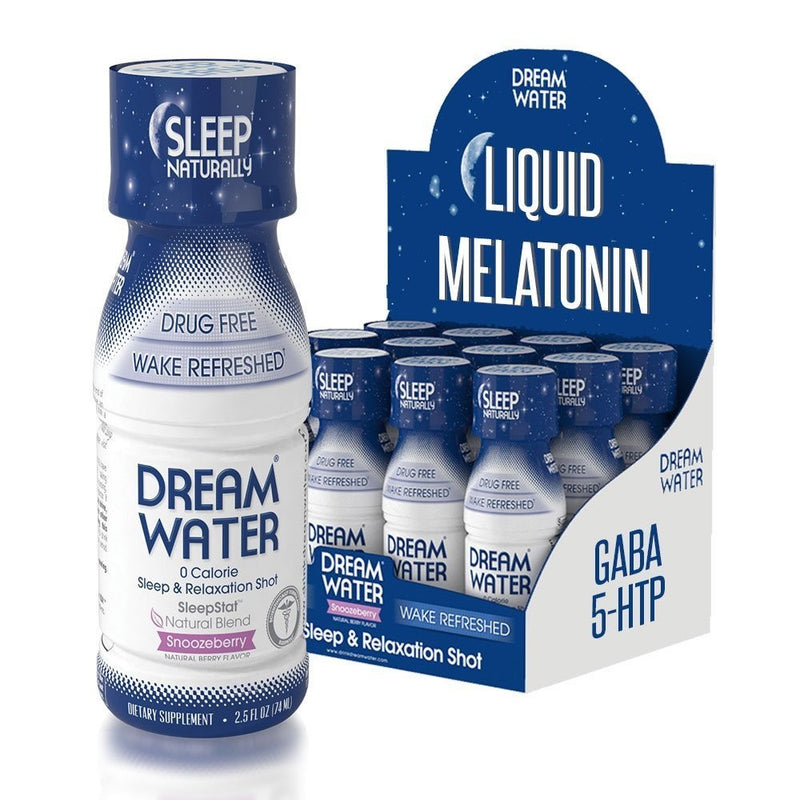 Dream Water Natural Sleep Aid, GABA, MELATONIN, 5-HTP, 2.5oz Shot, Snoozeberry, 12 Count