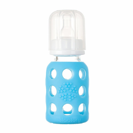 Lifefactory 4-Ounce BPA-Free Glass Baby Bottle with Protective Silicone Sleeve and Stage 1 Nipple, Sky Blue