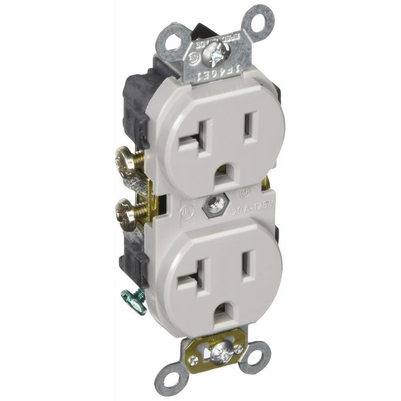 Leviton CR020-GY 20-Amp, 125 Volt, Slim Body Duplex Receptacle, Straight Blade, Commercial Grade, Self Grounding, Gray