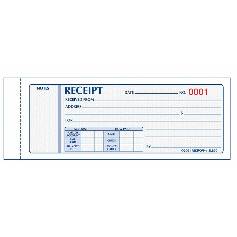 REDIFORM Money Receipts, Carbonless, 3 Parts, 2.75 x 7 inches,50 Numbered Receipts (8L802)