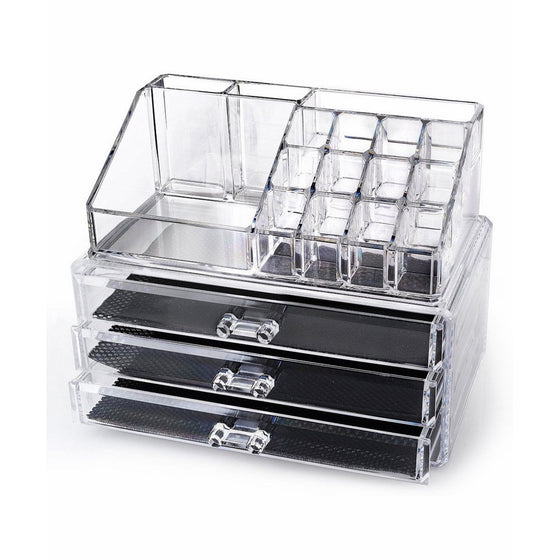 Home-it Clear acrylic makeup organizer cosmetic organizer and Large 3 Drawer Jewerly Chest or makeup storage ideas Case Lipstick Liner Brush Holder make up boxes Organizer measures (10"x6"x7.7")