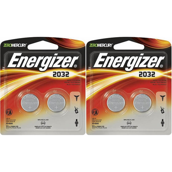 Energizer Watch/Electronic Batteries, 3 Volts, 2032, 4 (2x2) Batteries (Lithium Button Cell)