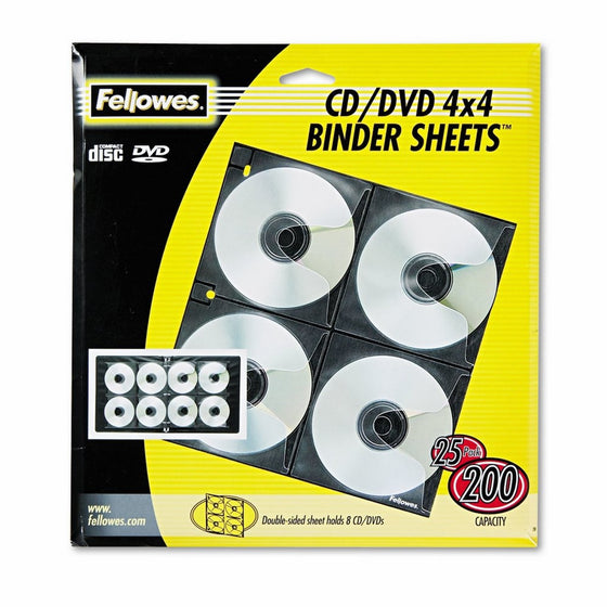 Fellowes 95321 CD/DVD Binder Sheets Hold 8 CDs/DVDs Each, 25-Pack