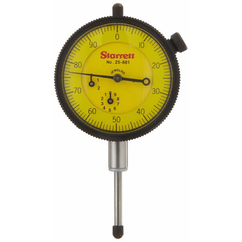 Starrett 25-881J Dial Indicator, 9.525mm Stem Dia., Lug-on-Center Back, Yellow Dial, 0-100 Reading, 57.15mm Dial Dia., 0-25mm Range, 0.01mm Graduation