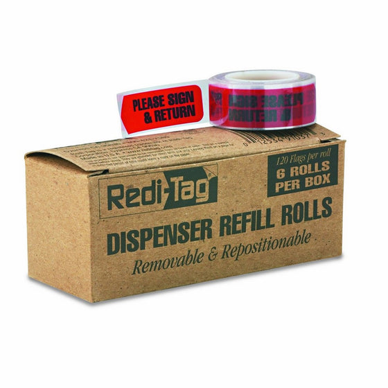 Redi-Tag 91037 Arrow Message Page Flag Refills, "Please Sign & Return", Red, 120 per Roll (Box of 6 Rolls)