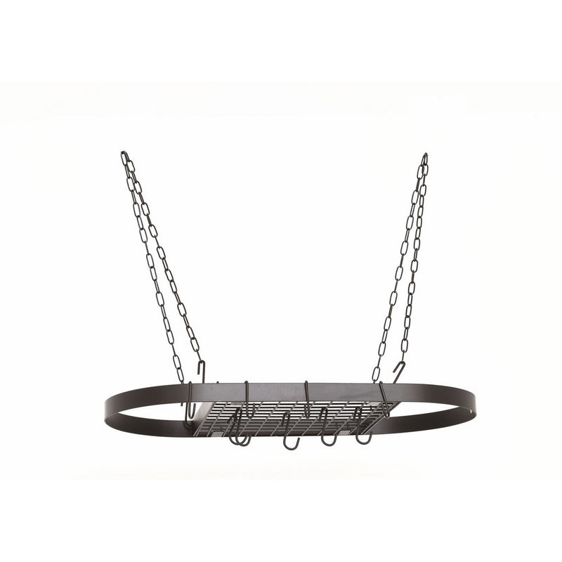 Oval Hanging Pot Rack with Grid & 12 Hooks, Matte Black, 33" x 17.25" x 1.75"
