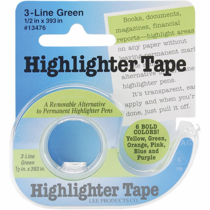 Lee Products Co. 1/2-Inch Wide 393-Inch Long Removable Highlighter Tape with Refillable Dispenser, Green (13476)