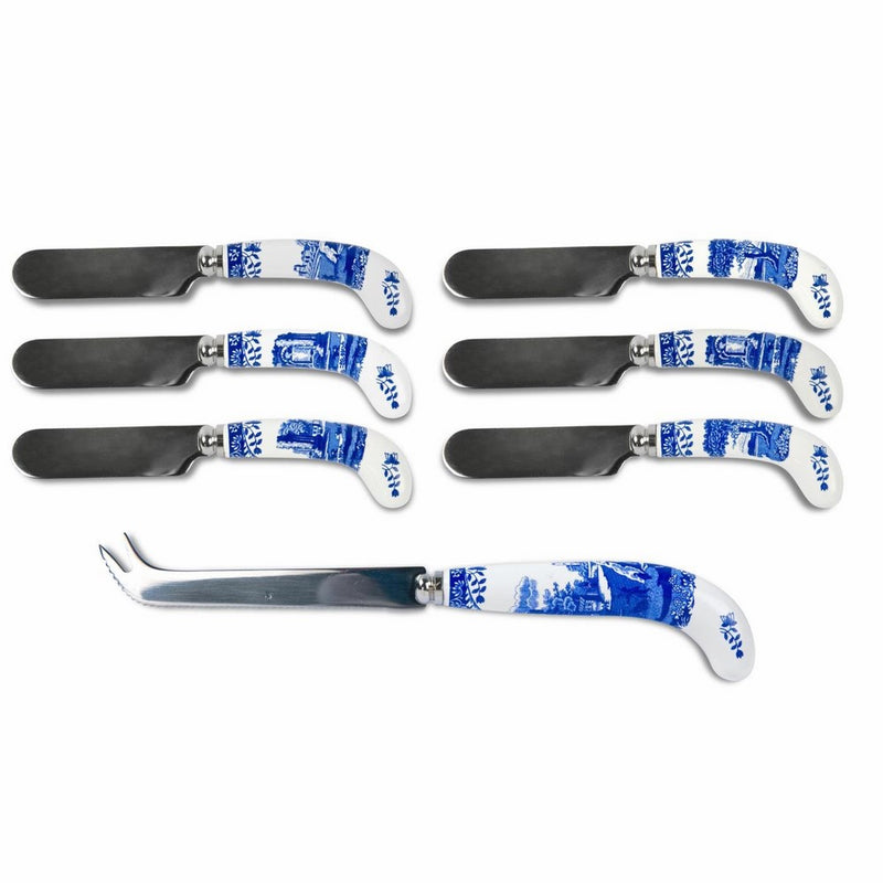 Spode Blue Italian Cheese Knife & 6 Spreaders (Gift Boxed)