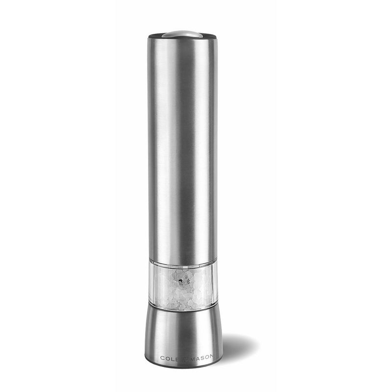 COLE & MASON Hampstead Electric Salt Grinder with LED Light - Electronic Battery Operated Mill, Stainless Steel