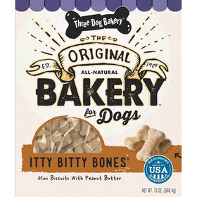 Three Dog Bakery Itty Bitty Bones Baked Dog Treats, Peanut Butter, 13 oz