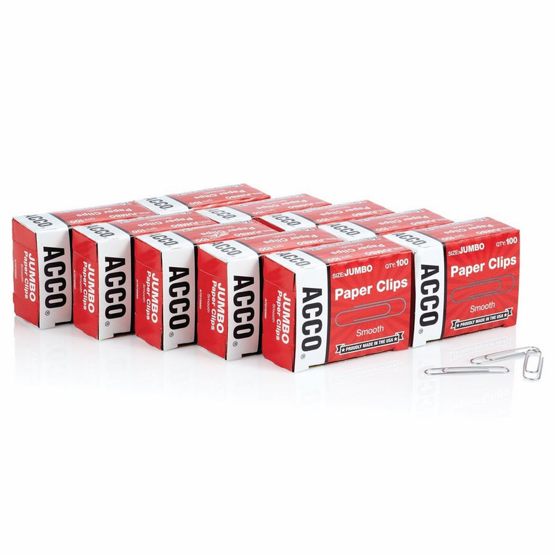 ACCO Paper Clips, Jumbo, Smooth, Economy, 100/Box, 10 Boxes (72580)