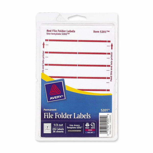 Avery File Folder Labels for Laser and Inkjet Printers, 1/3 Cut, Red, Pack of 252(5201)