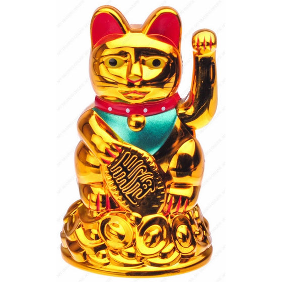 Battery Operated Feng Shui Lucky Cat Sitting On Top A Gold Bar with Waving Arm, 4.50 Inch (High), Gold