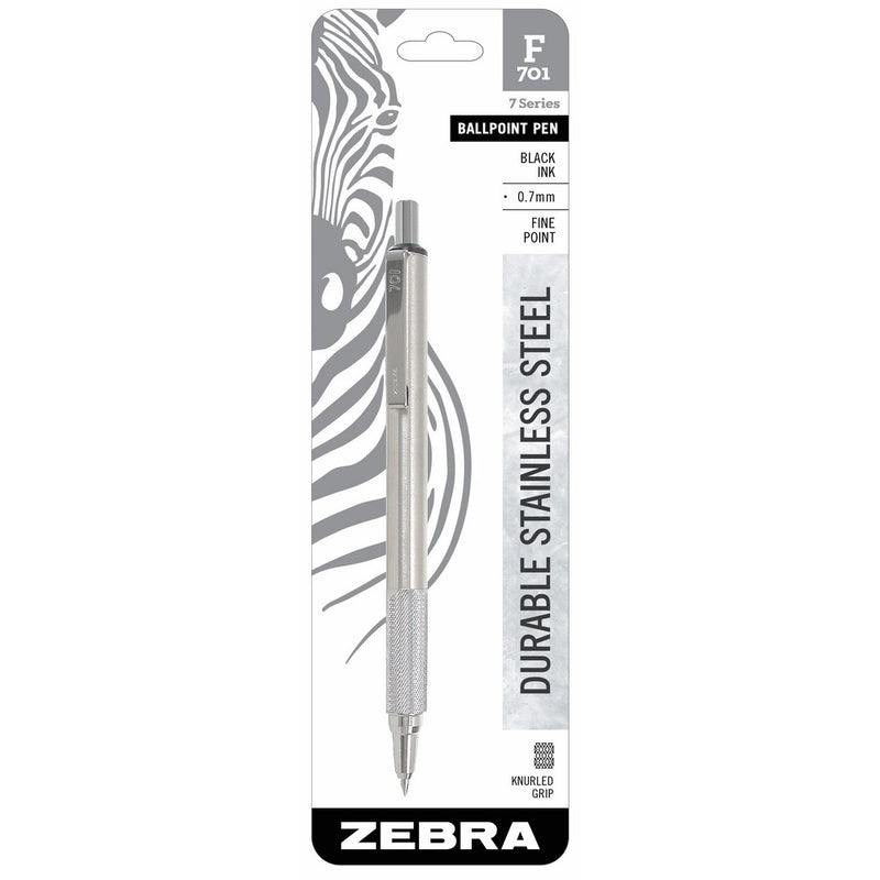 Zebra F-701 Ballpoint Stainless Steel Retractable Pen, Fine Point, 0.7mm, Black Ink, 1-Count