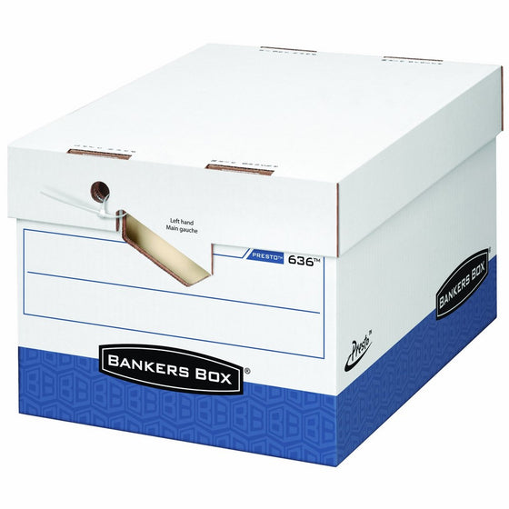 Bankers Box Presto Heavy-Duty Storage Boxes with Ergonomic Design, Letter/Legal, White/Blue, 12 Pack (0063601)