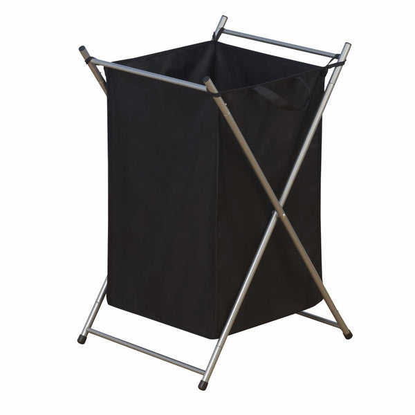 Household Essentials Folding Laundry Hamper with Black Polyester Bag, Satin Silver Frame