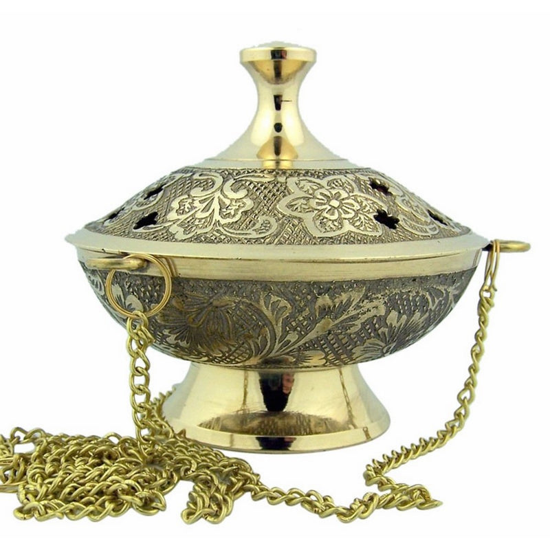 Charcoal Incense Burner Gold Tone over Brass Hanging Censer with Chain