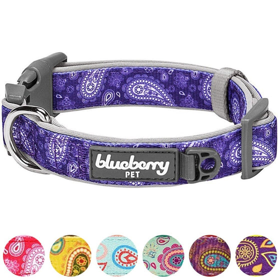 Blueberry Pet 7 Patterns Soft & Comfy Paisley Flower Print Neoprene Padded Dog Collar, Violet, Small, Neck 12"-16", Adjustable Collars for Dogs