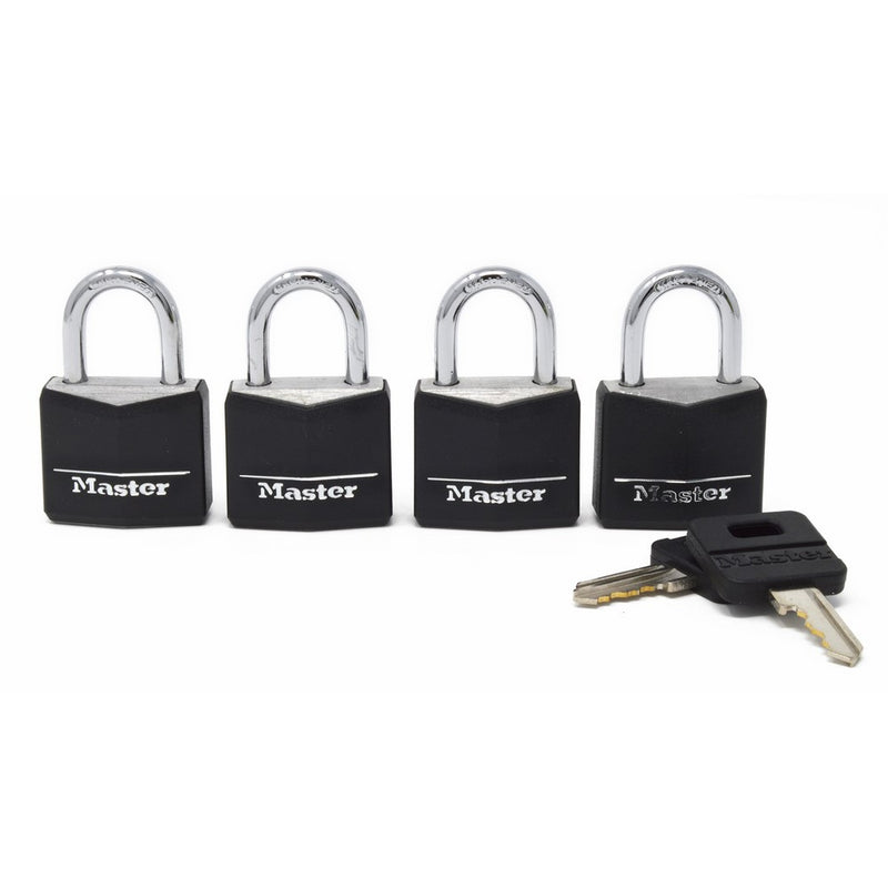 Master Lock Padlock, Covered Aluminum Lock, 1-3/16 in. Wide, Black, 131Q (Pack of 4-Keyed Alike)