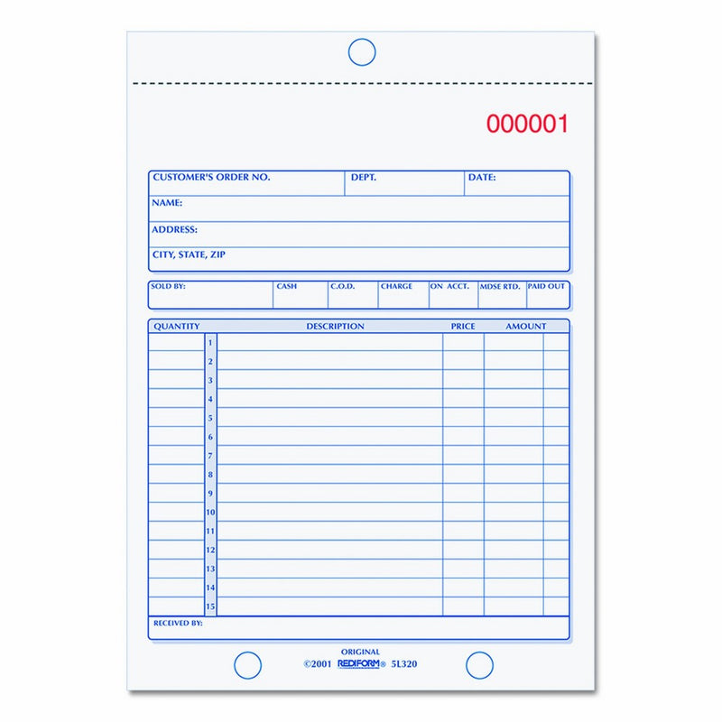 REDIFORM Sales Order Book, Carbonless, 2 Part, 5.5 x 7.875", 50 Forms (5L320)