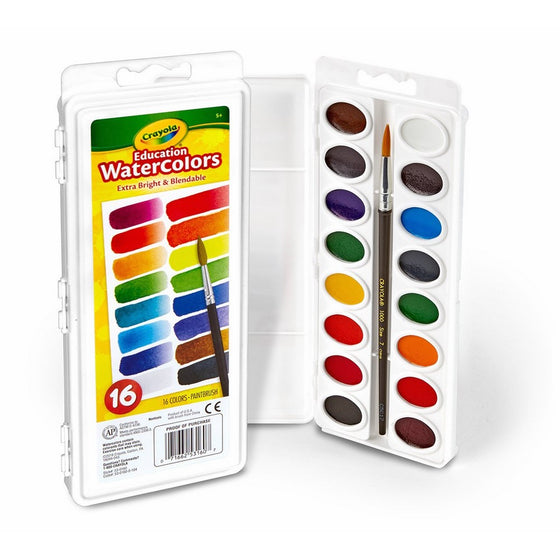 Crayola 16 Semi-Moist Oval Pans Watercolor Set with Brush