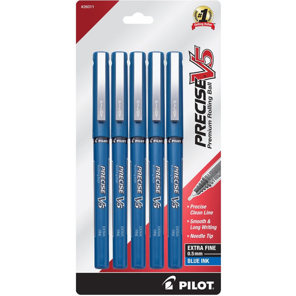 Pilot Precise V5 Stick Rolling Ball Pens, Extra Fine Point, 5-Pack, Blue Ink (26011)