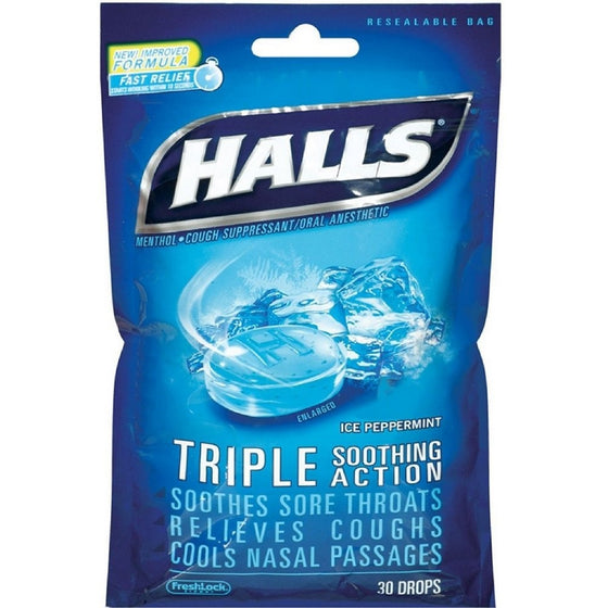 Halls Mentho-Lyptus Drops, Ice Peppermint 30 ea (Pack of 12)