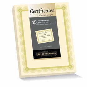 Southworth Foil Enhanced Premium Certificate, 8.5” x 11”, 65 lb, Ivory, Gold Spiro Design, 15 Sheets (CTP1V)