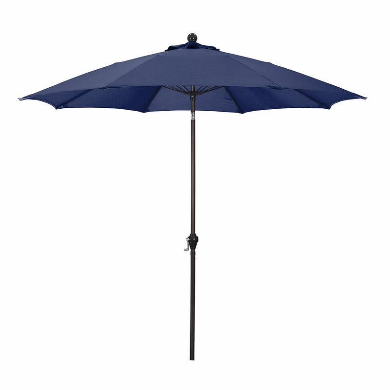 California Umbrella 9' Round Aluminum Pole Fiberglass Rib Umbrella, Crank Open, Push Button 3-Way Tilt, Bronze Pole, Navy Blue