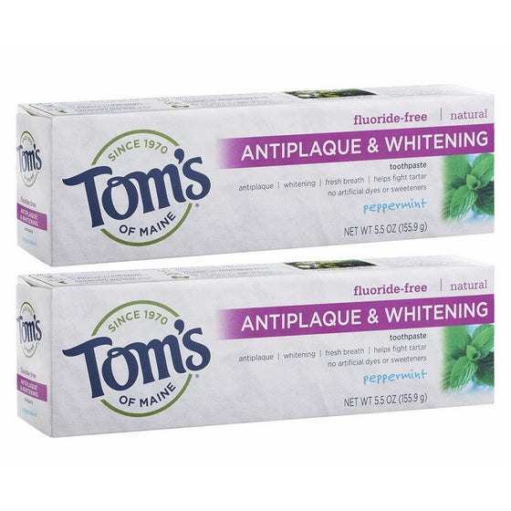 Tom's of Maine Antiplaque and Whitening Fluoride-Free Toothpaste, Peppermint, 5.5 oz, Pack of 2