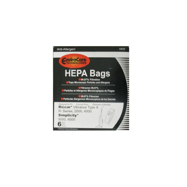 6 Riccar Vibrance Simplicity 5000, 6000 Type a Hepa Bags, Commercial, Canister Vacuum Cleaners, S6-3, S6-12, C13-6, C13H-6, 52-2402-07, R500, R600, R700, R800 R800C, R100, R200, R300, R300C 2000, 4000, 6100, 6370, 6400, 6550, 6570