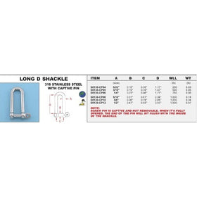 316 STAINLESS STEEL LONG D SHACKLE (with captive pin) 5/32" (S0138-CP04)